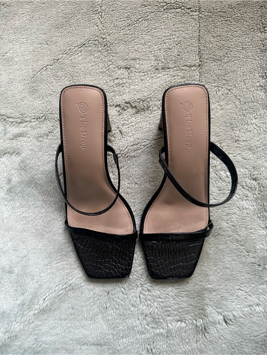 Shoes - Black Croc-Embossed Square Toe Strappy Heels